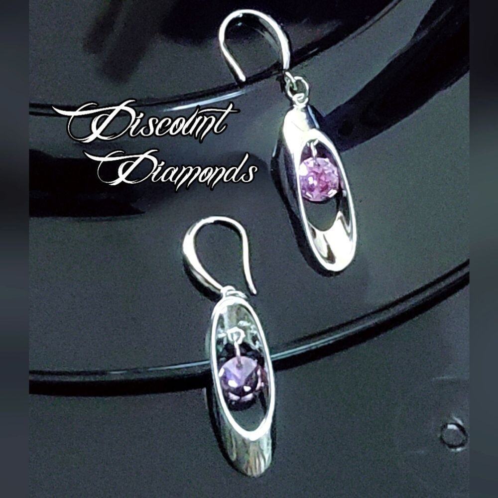 Round Pink Crystal Long Dangle Fishhook Earrings on 925 Silver